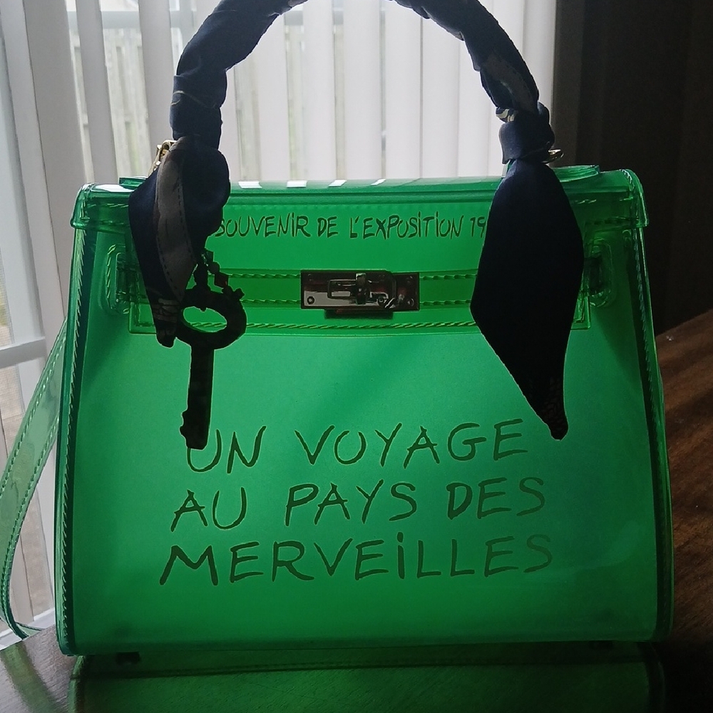 Designer Green Transparent Tote Bag with Scarf Handle - Picture 5 of 7